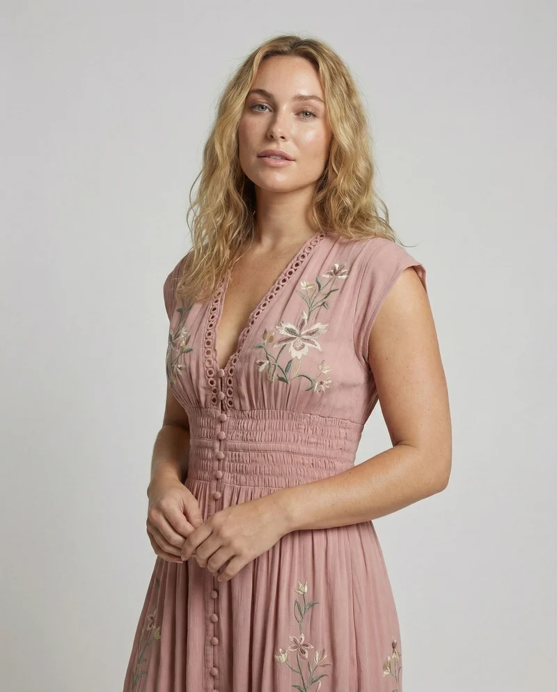 Damen nan besticktes bodenlanges Strandkleid mit Smokbund, V-Ausschnitt und Spitzeneinsatz