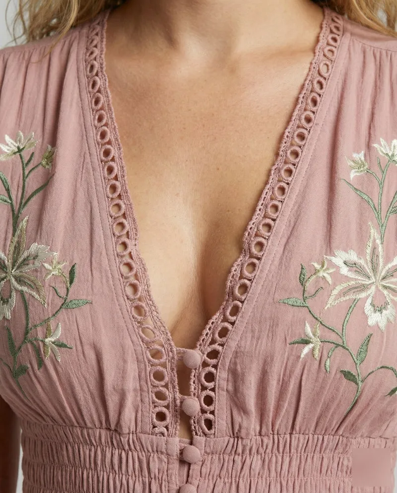 Damen nan besticktes bodenlanges Strandkleid mit Smokbund, V-Ausschnitt und Spitzeneinsatz