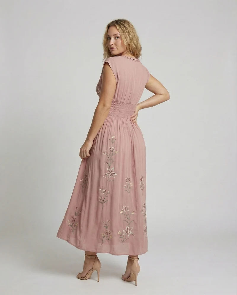 Damen nan besticktes bodenlanges Strandkleid mit Smokbund, V-Ausschnitt und Spitzeneinsatz