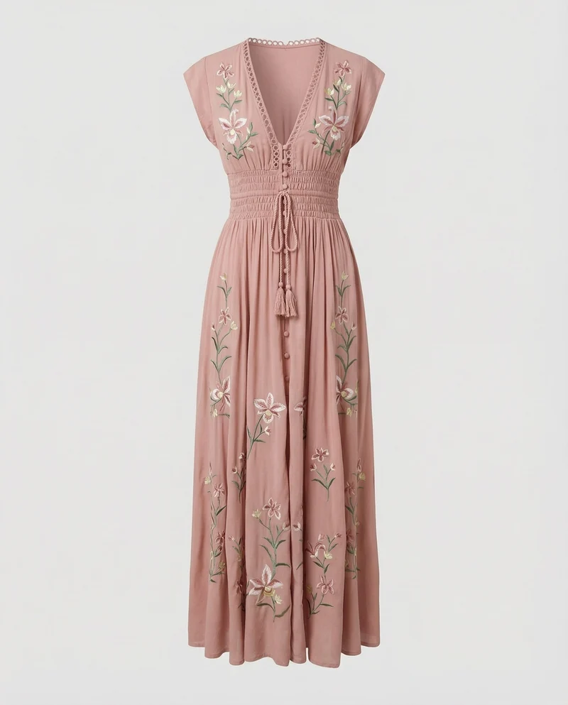 Damen nan besticktes bodenlanges Strandkleid mit Smokbund, V-Ausschnitt und Spitzeneinsatz