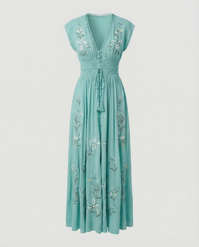 Damen nan besticktes bodenlanges Strandkleid mit Smokbund, V-Ausschnitt und Spitzeneinsatz