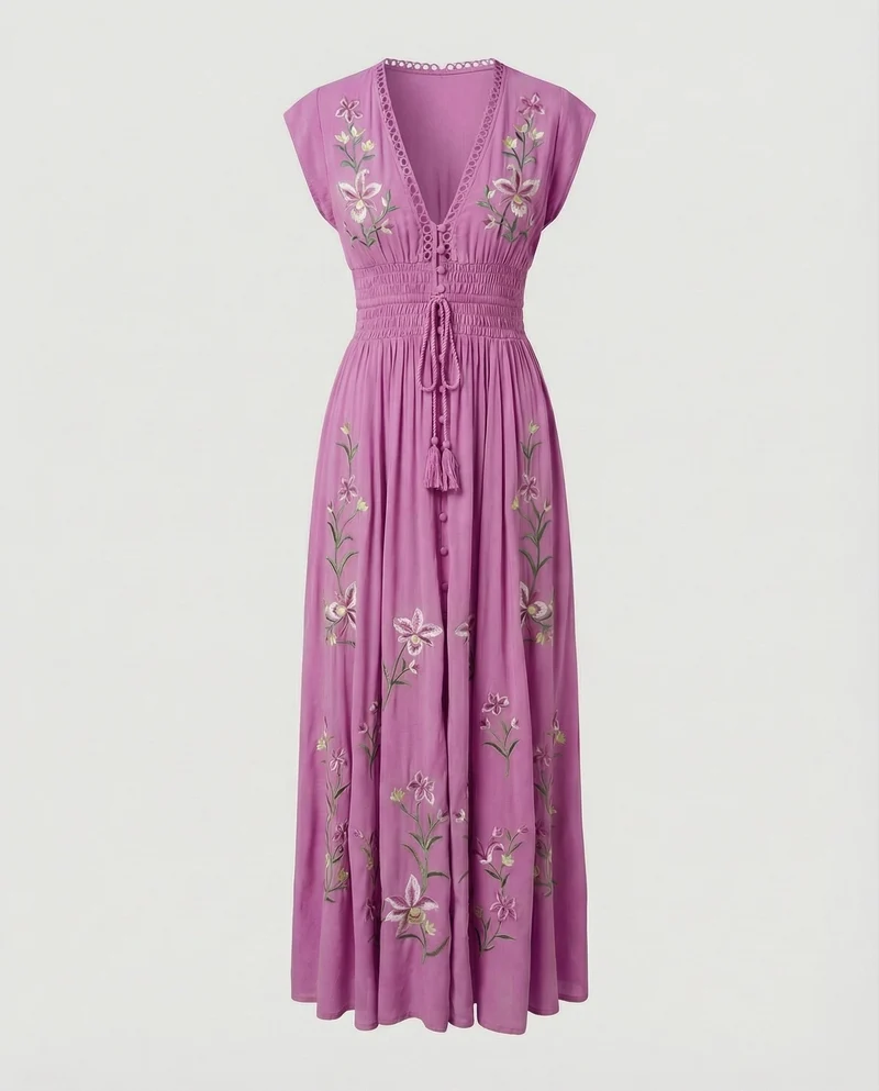 Damen nan besticktes bodenlanges Strandkleid mit Smokbund, V-Ausschnitt und Spitzeneinsatz