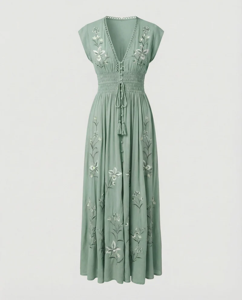 Damen nan besticktes bodenlanges Strandkleid mit Smokbund, V-Ausschnitt und Spitzeneinsatz