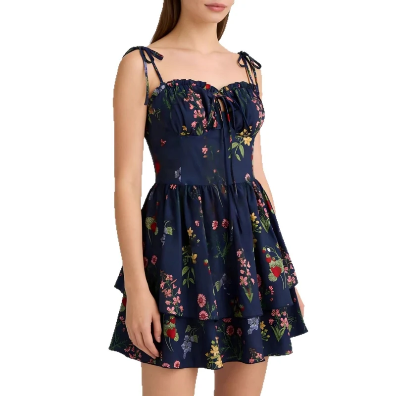 Damen Minikleid mit Blumenmuster und bordeauxfarbenem Unterrock Nord Taschen