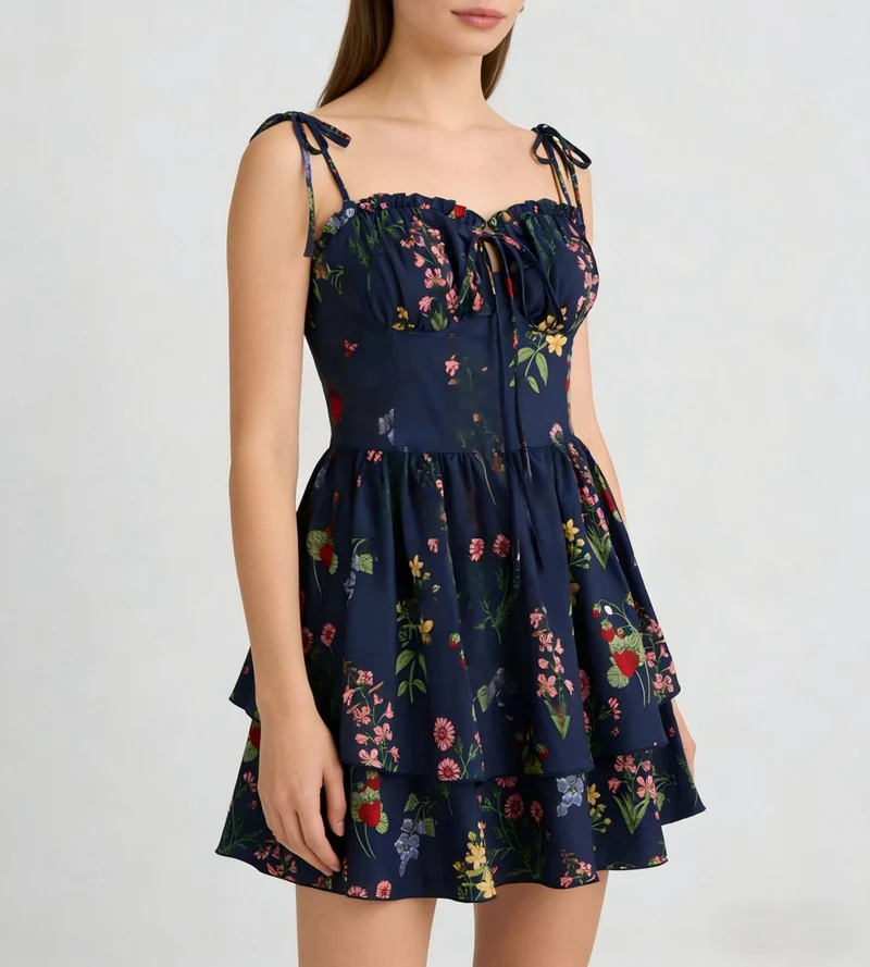 Damen Minikleid mit Blumenmuster und bordeauxfarbenem Unterrock Nord Taschen