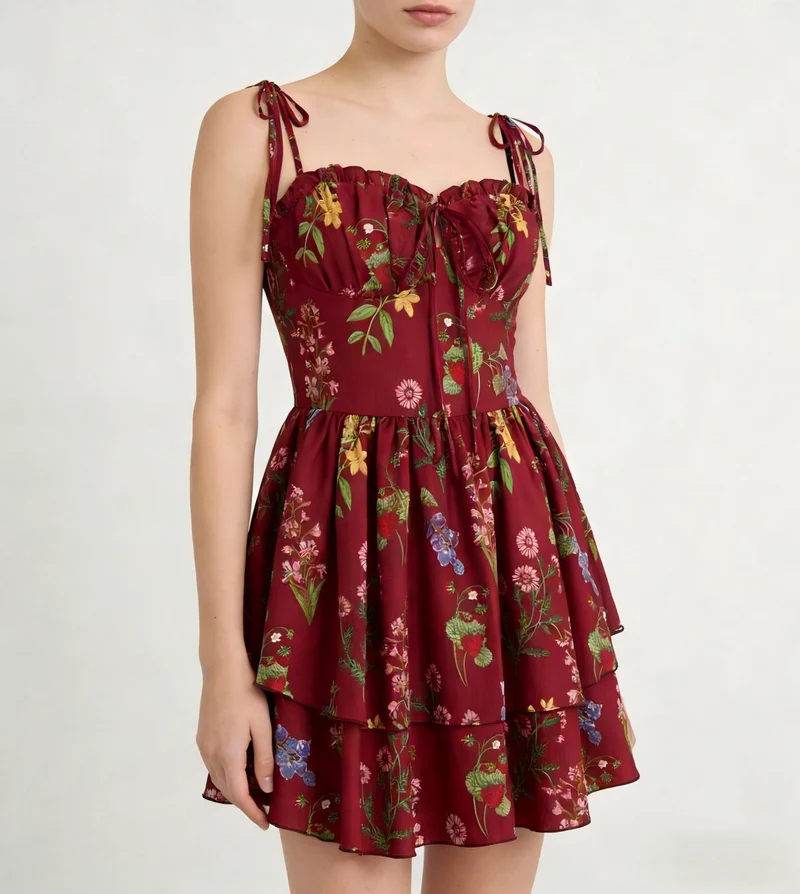 Damen Minikleid mit Blumenmuster und bordeauxfarbenem Unterrock Nord Taschen