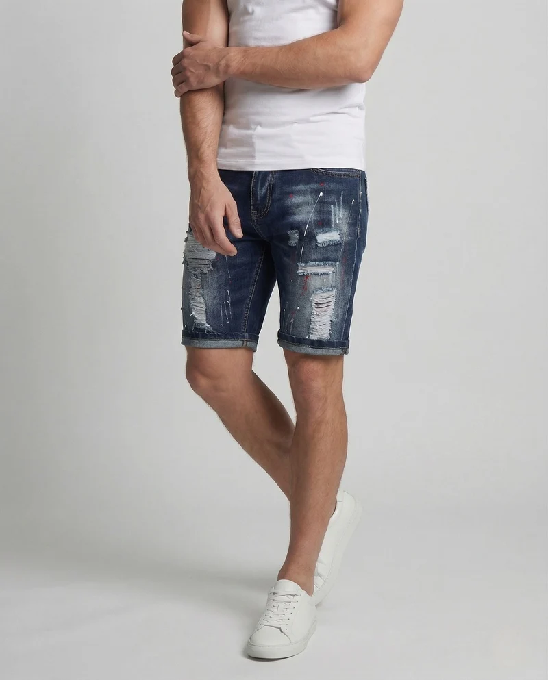 Herren Jeans Shorts Distressed Farb Sprenkel