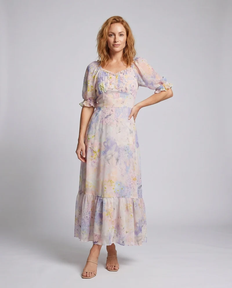 Damen Langarm Maxikleid mit voluminösen Puffärmeln und zartem floralen Muster