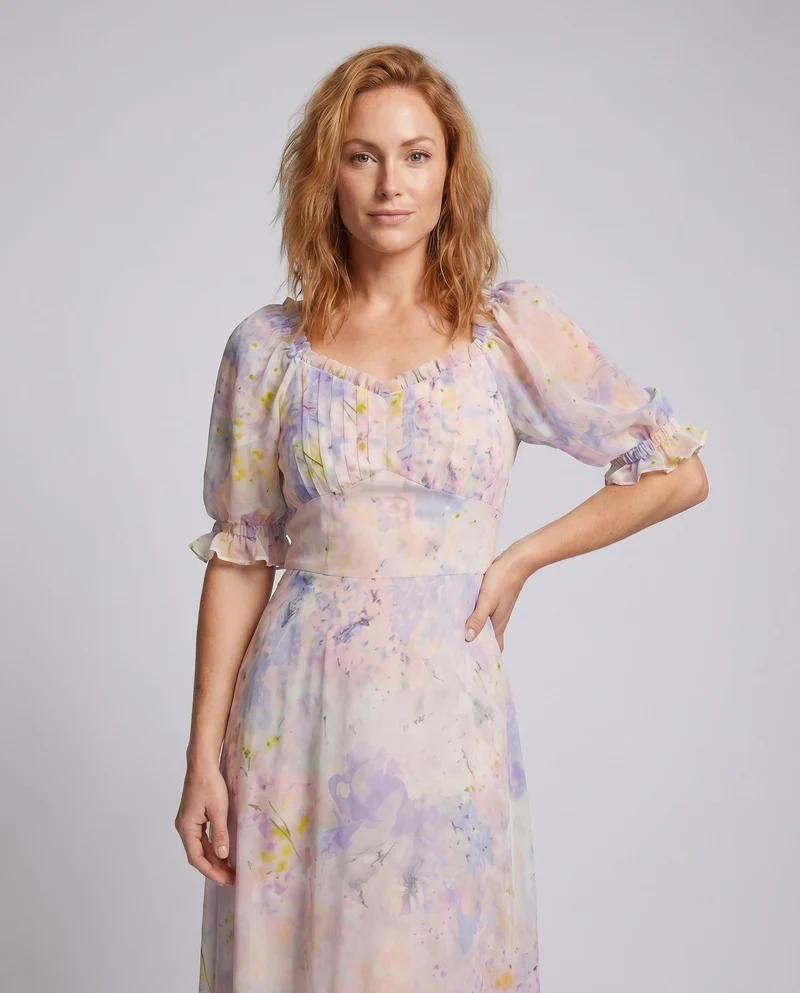 Damen Langarm Maxikleid mit voluminösen Puffärmeln und zartem floralen Muster