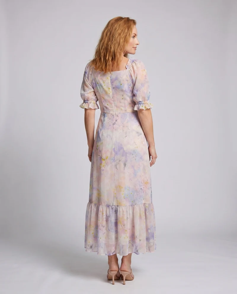 Damen Langarm Maxikleid mit voluminösen Puffärmeln und zartem floralen Muster