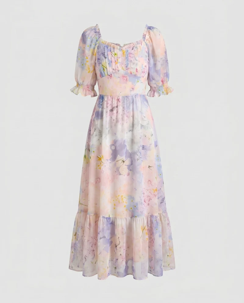Damen Langarm Maxikleid mit voluminösen Puffärmeln und zartem floralen Muster