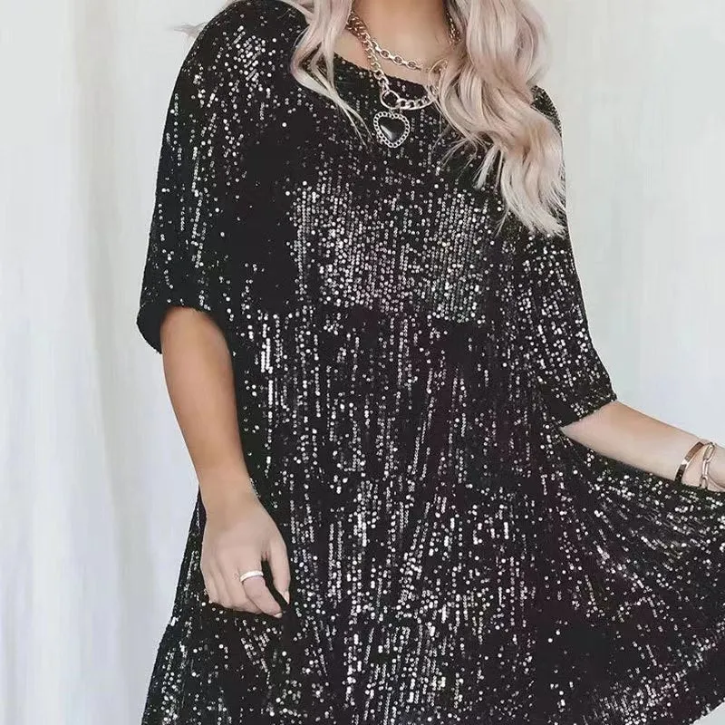 Damen funkelndes Mini-Kleid mit Pailletten und weitem Schnitt