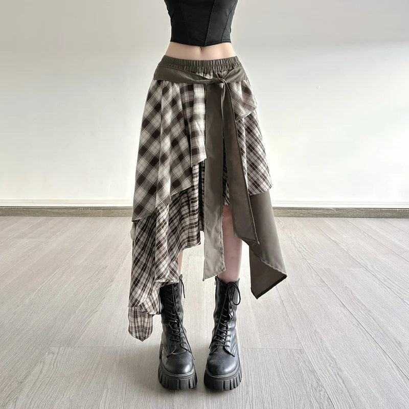 Damen asymmetrischer Wickelrock mit Karomuster und breitem Bindegürtel