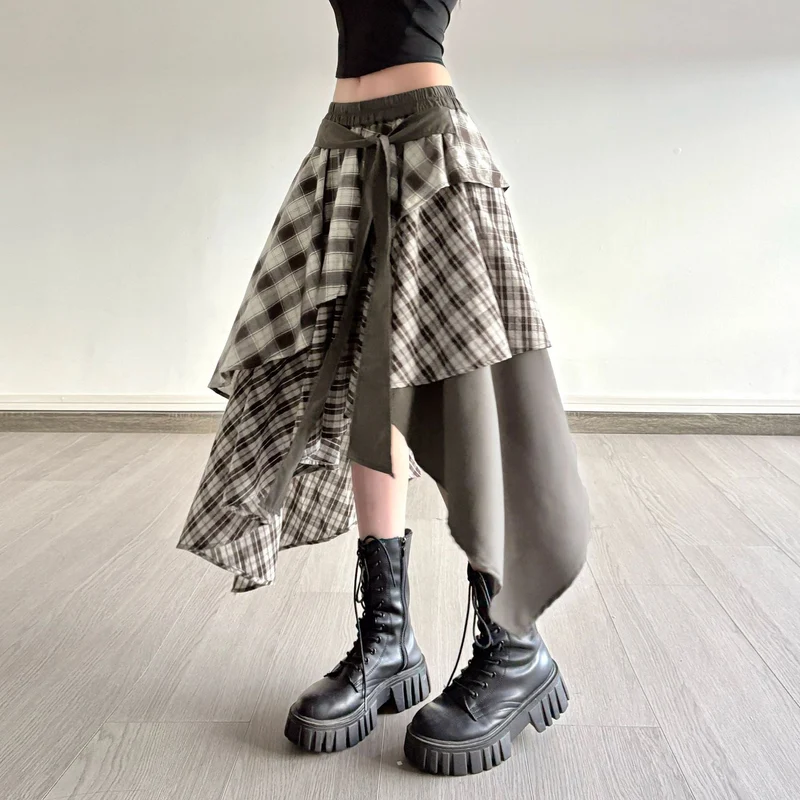 Damen asymmetrischer Wickelrock mit Karomuster und breitem Bindegürtel