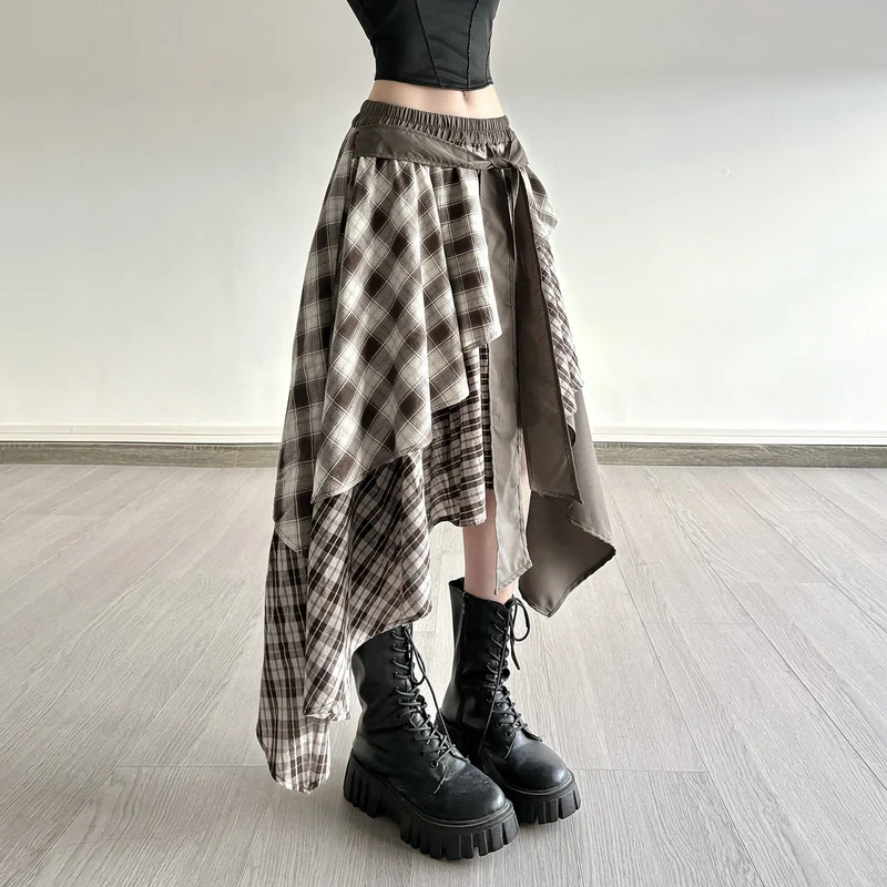 Damen asymmetrischer Wickelrock mit Karomuster und breitem Bindegürtel