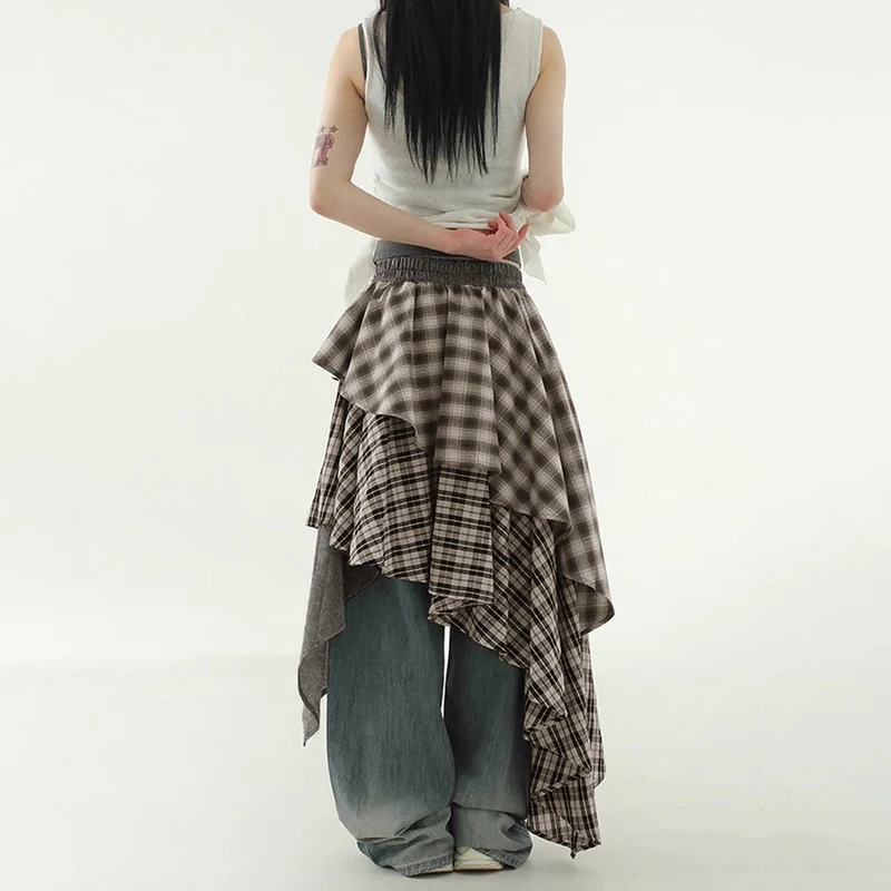Damen asymmetrischer Wickelrock mit Karomuster und breitem Bindegürtel