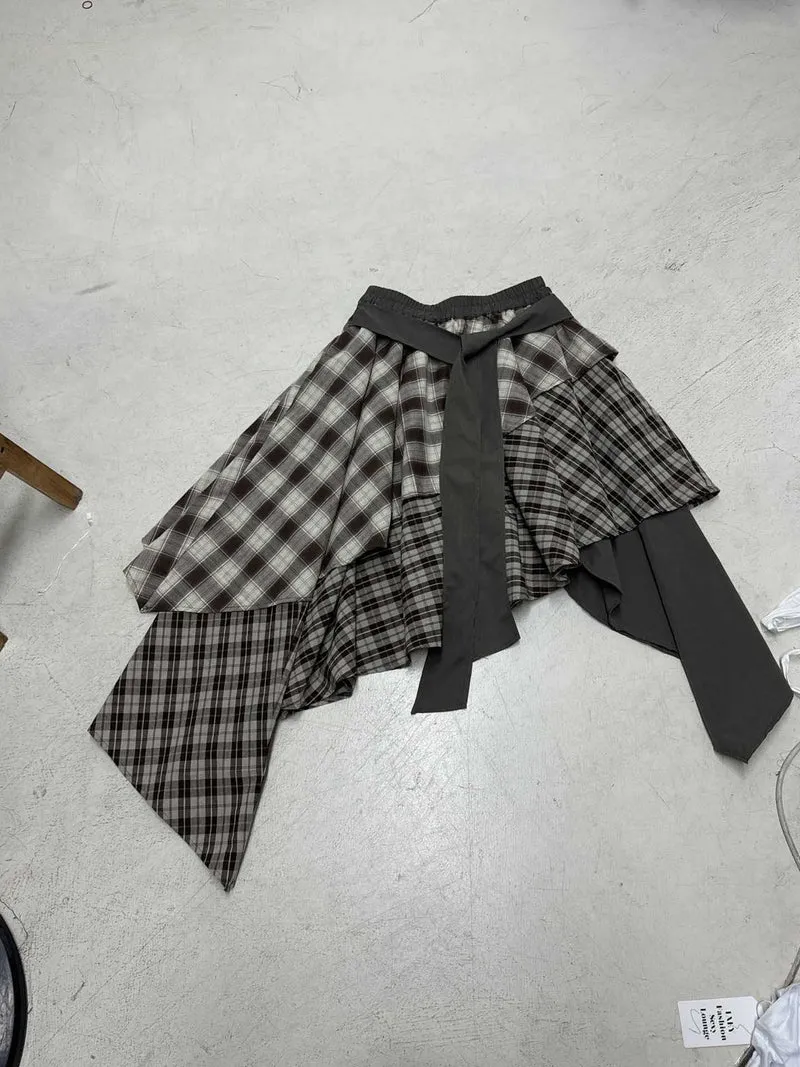 Damen asymmetrischer Wickelrock mit Karomuster und breitem Bindegürtel