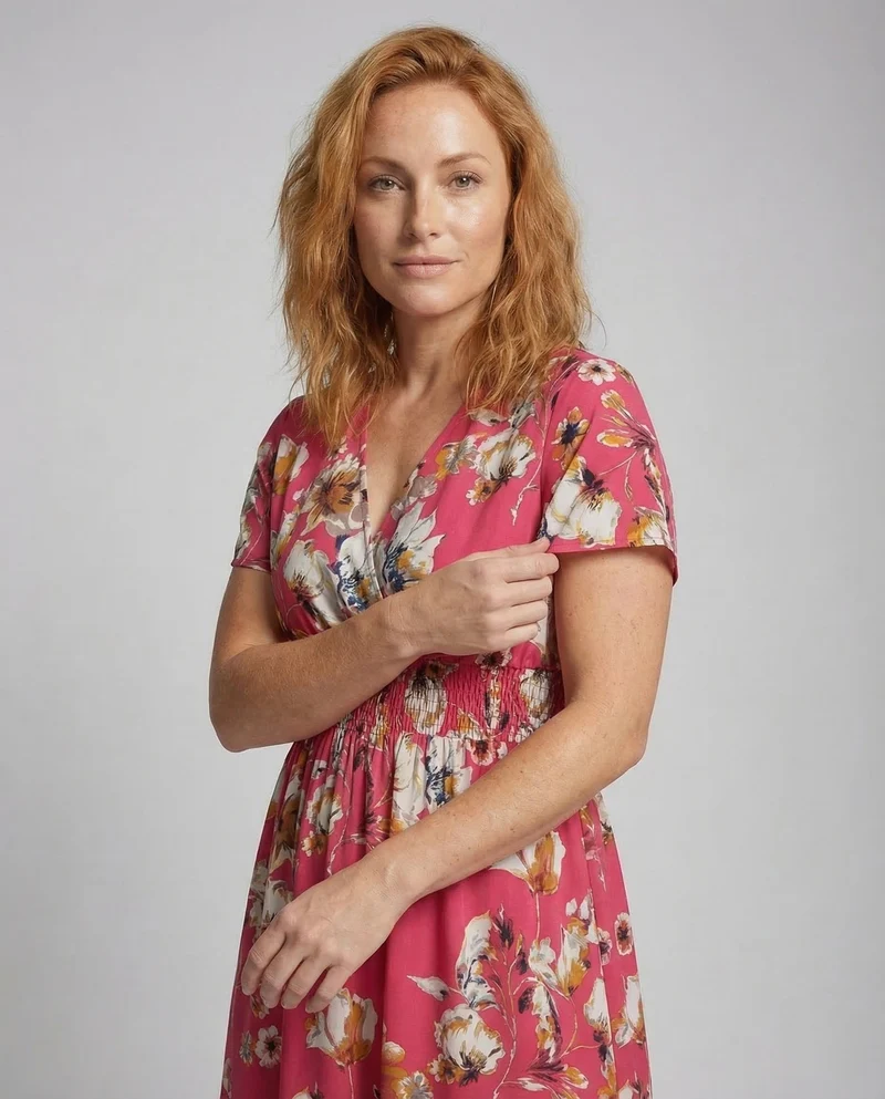 Damen Midikleid Blumen V Ausschnitt