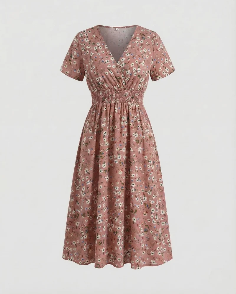 Damen Midikleid Blumen V Ausschnitt