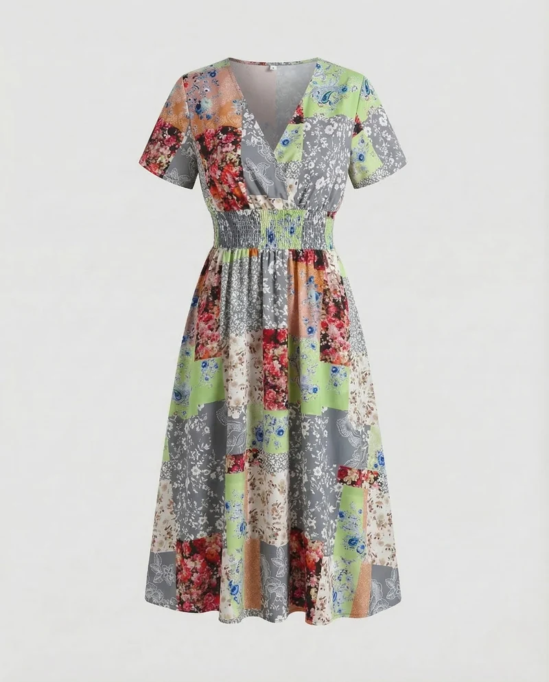 Damen Midikleid Blumen V Ausschnitt