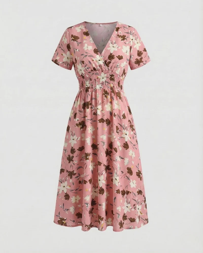 Damen Midikleid Blumen V Ausschnitt
