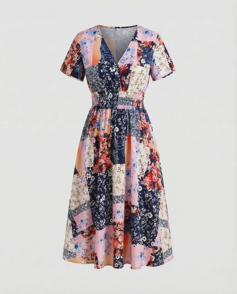 Damen Midikleid Blumen V Ausschnitt