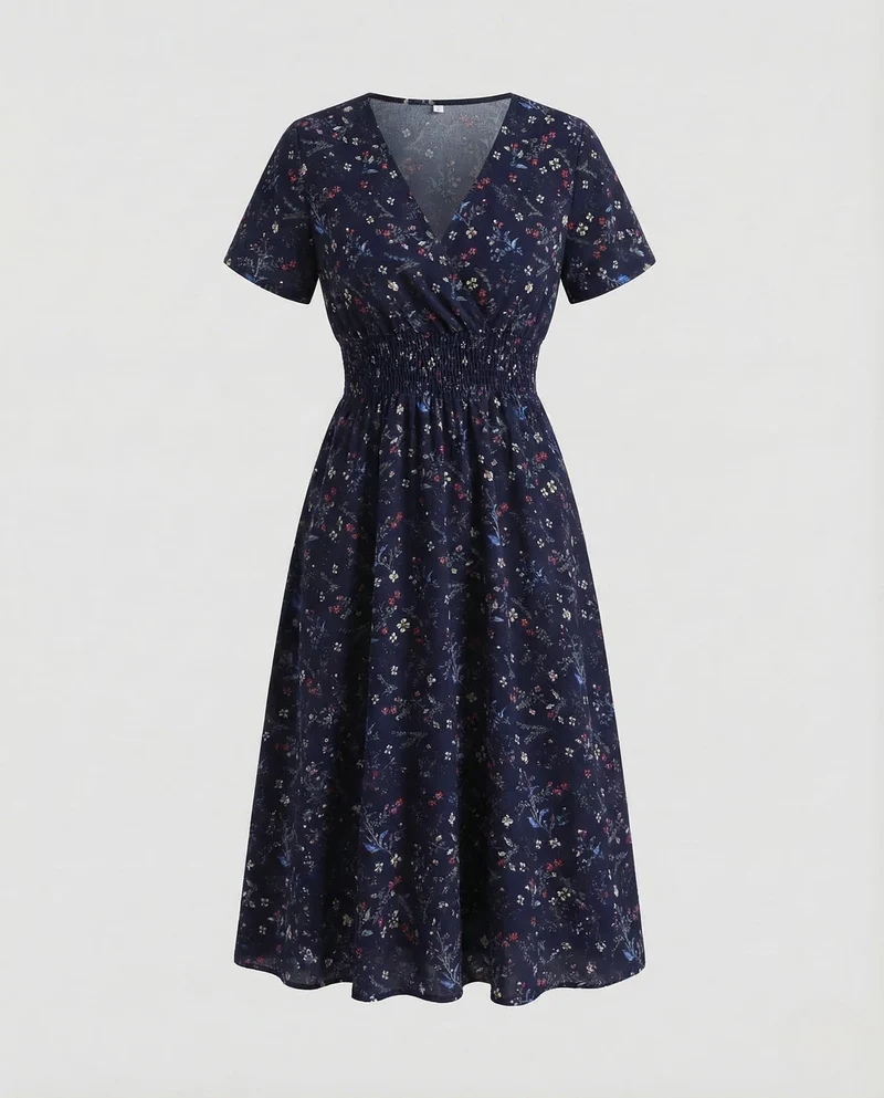 Damen Midikleid Blumen V Ausschnitt