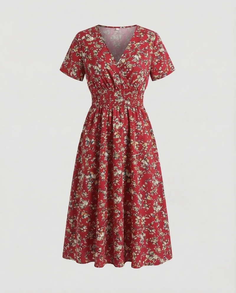 Damen Midikleid Blumen V Ausschnitt
