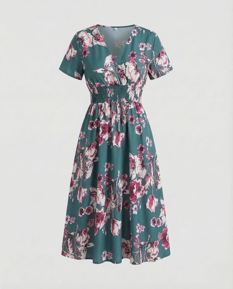 Damen Midikleid Blumen V Ausschnitt