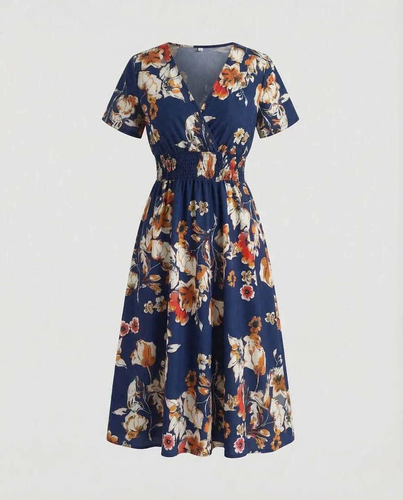 Damen Midikleid Blumen V Ausschnitt
