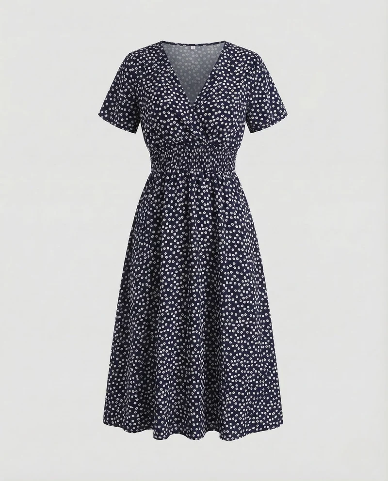 Damen Midikleid Blumen V Ausschnitt