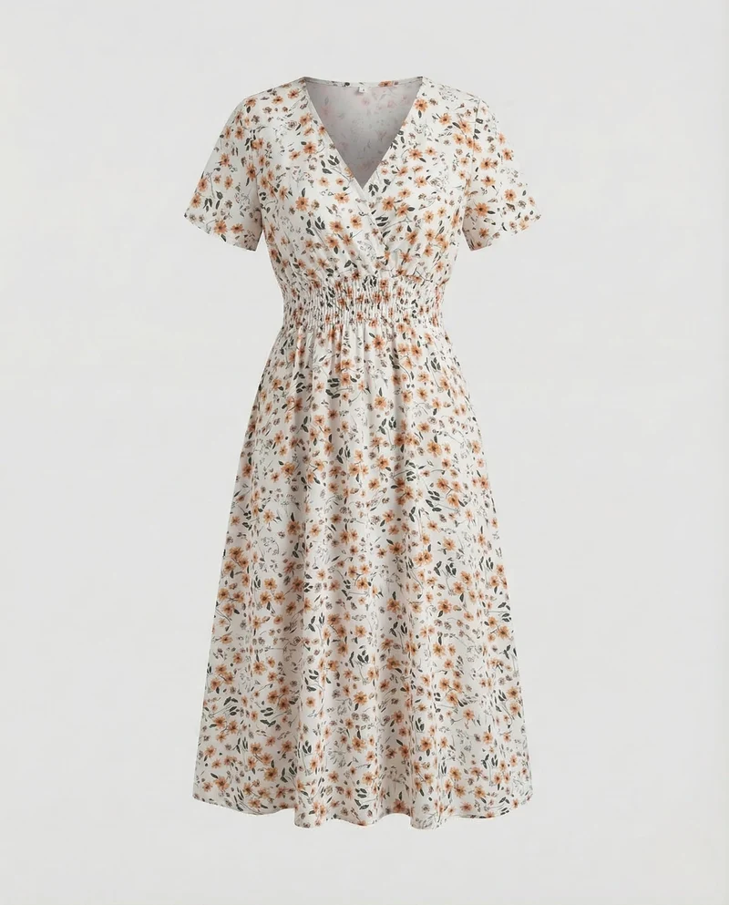 Damen Midikleid Blumen V Ausschnitt