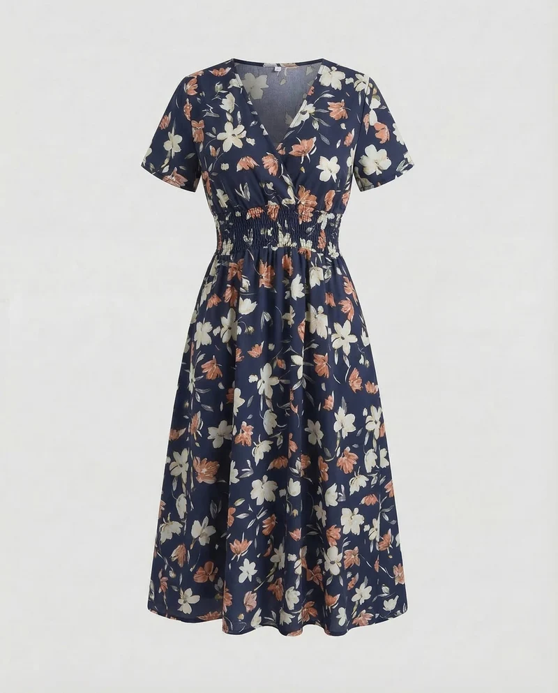 Damen Midikleid Blumen V Ausschnitt