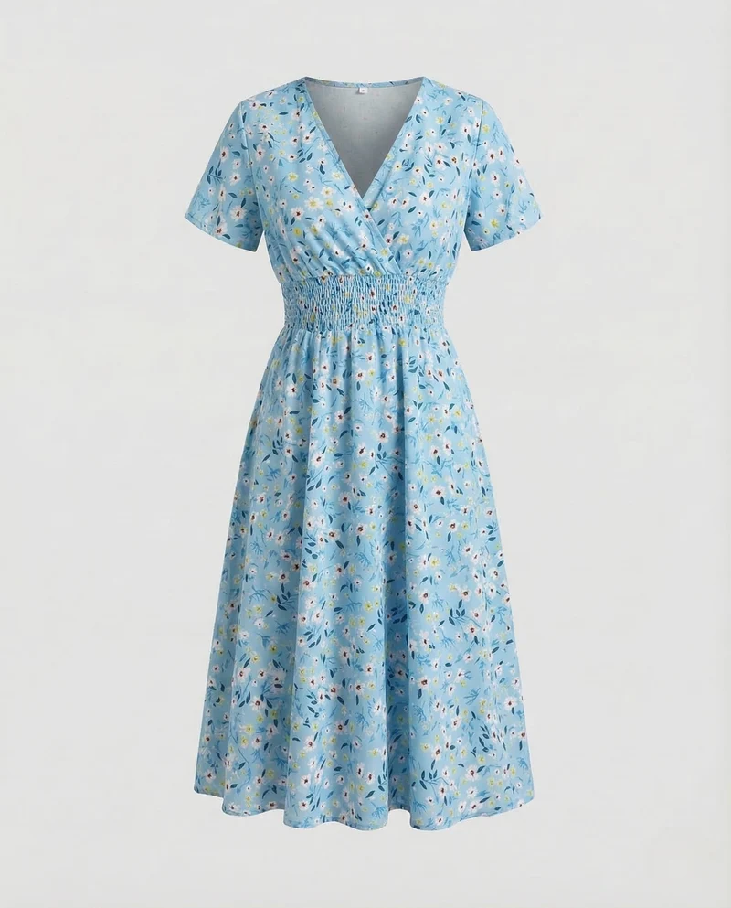 Damen Midikleid Blumen V Ausschnitt