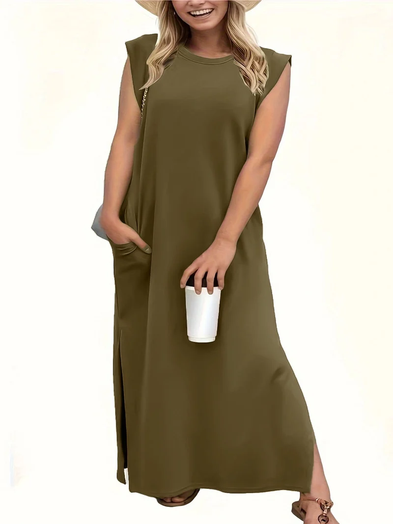 Damen Maxikleid mit schlichten Linien und modernen Schulterdetails