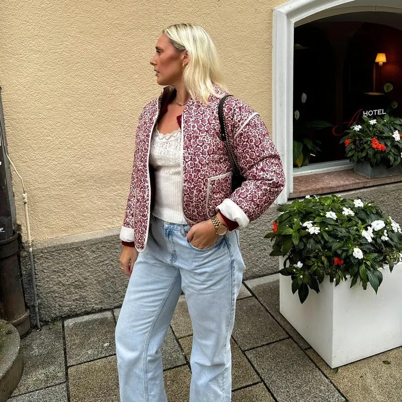 Damen Blumen Gestepptes Jacke mit Taschen und Langen Ärmeln