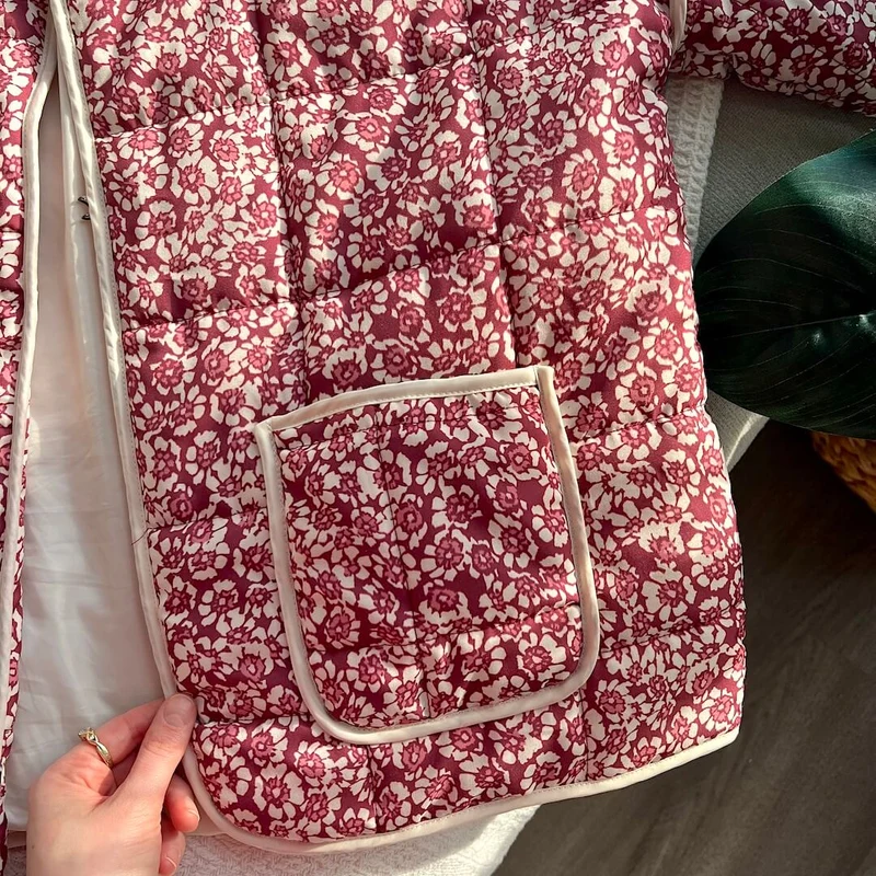 Damen Blumen Gestepptes Jacke mit Taschen und Langen Ärmeln