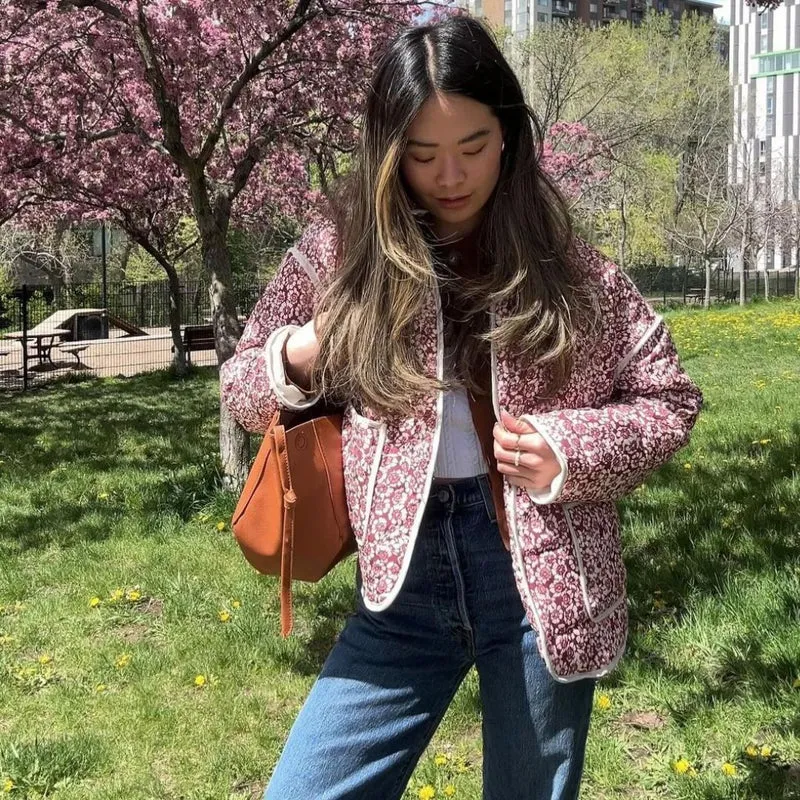 Damen Blumen Gestepptes Jacke mit Taschen und Langen Ärmeln