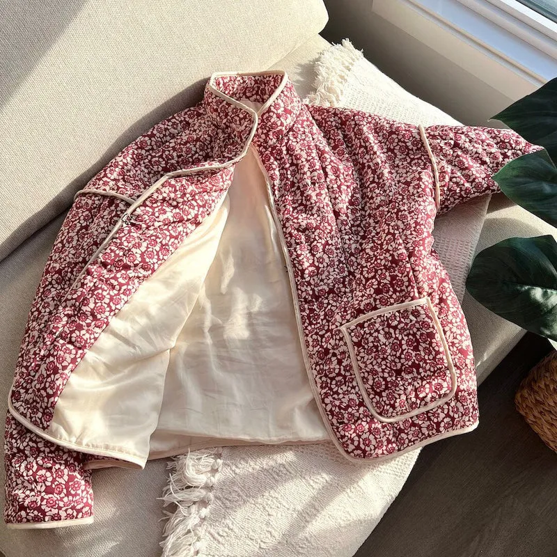 Damen Blumen Gestepptes Jacke mit Taschen und Langen Ärmeln