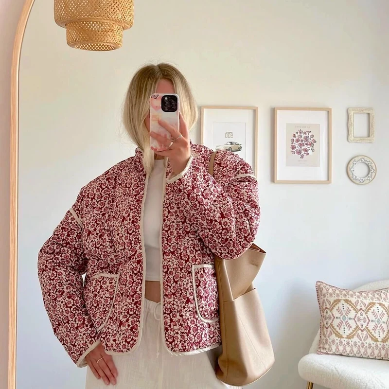 Damen Blumen Gestepptes Jacke mit Taschen und Langen Ärmeln
