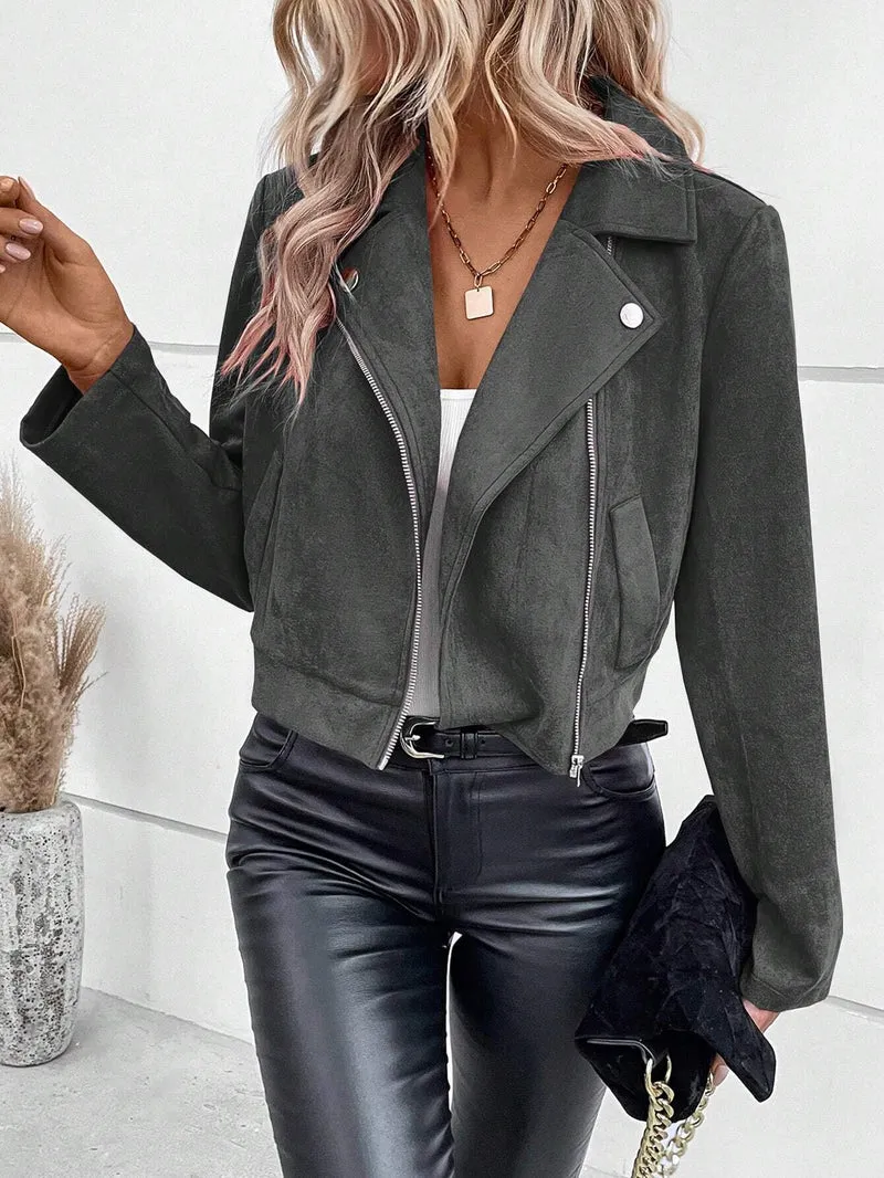 Damen Stylische Bikerjacke aus Kunstleder mit asymmetrischem Reißverschluss