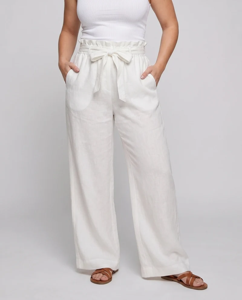 Damen luftige Leinenhose mit elastischem Bund und seitlichen Taschen