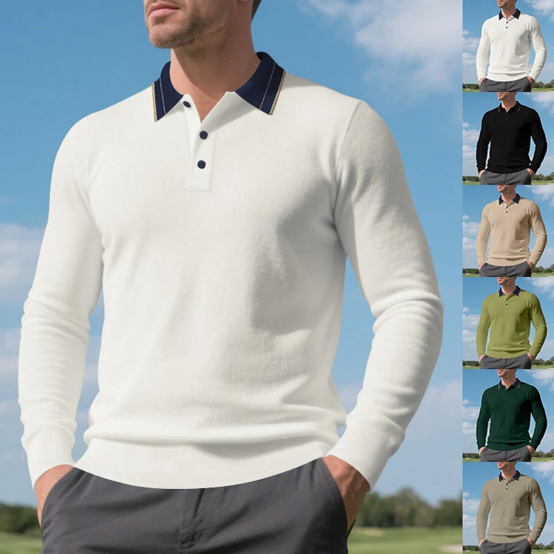 Herren elegantes Langarm-Polohemd mit kontrastierendem Kragen und modischen Knopfdetails