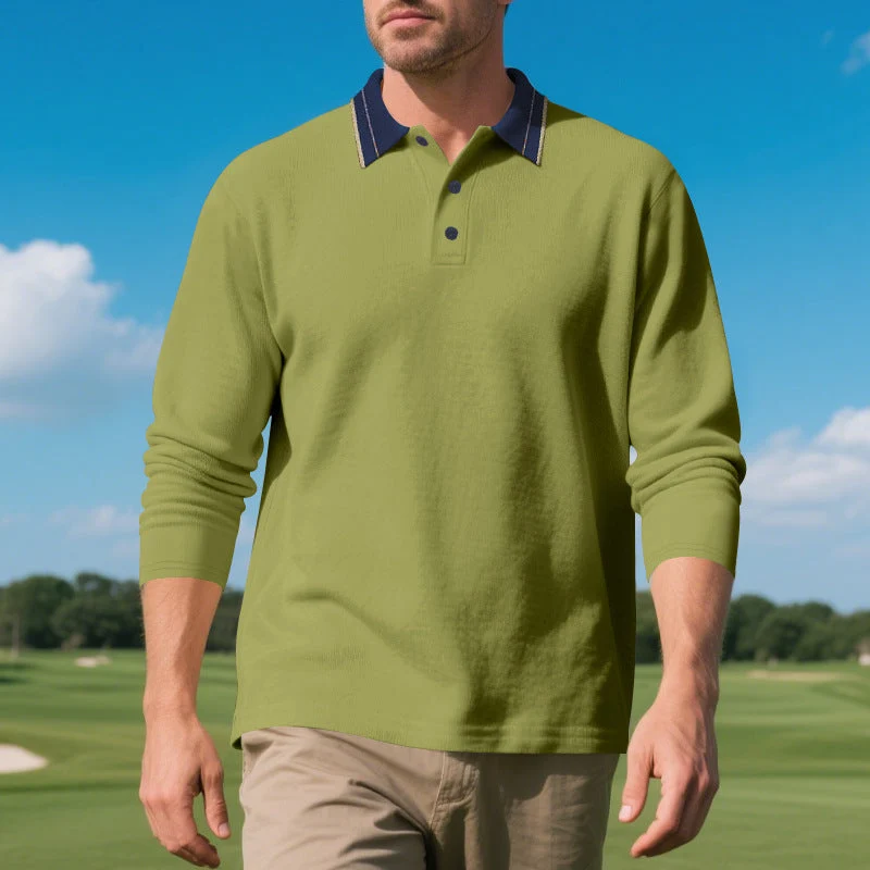 Herren elegantes Langarm-Polohemd mit kontrastierendem Kragen und modischen Knopfdetails