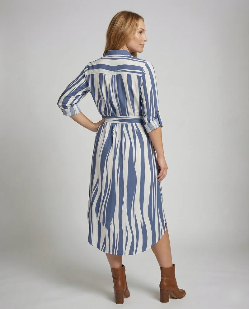 Damen gestreiftes Hemdblusenkleid mit Dreiviertelärmeln