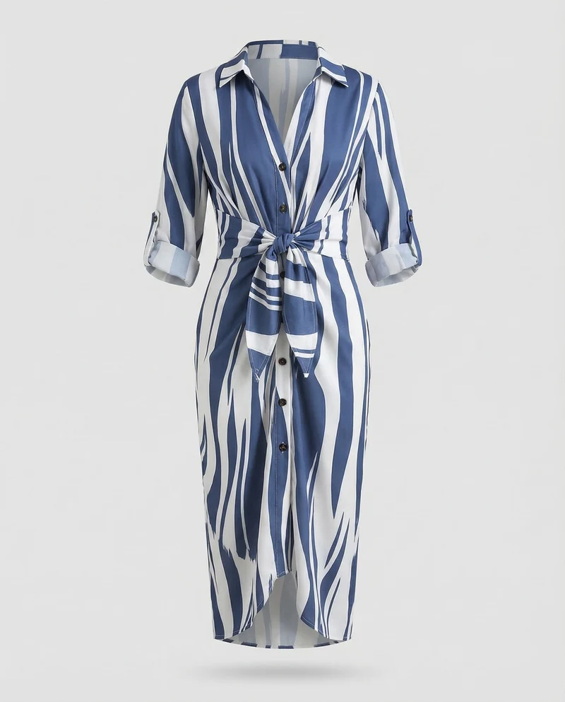 Damen gestreiftes Hemdblusenkleid mit Dreiviertelärmeln