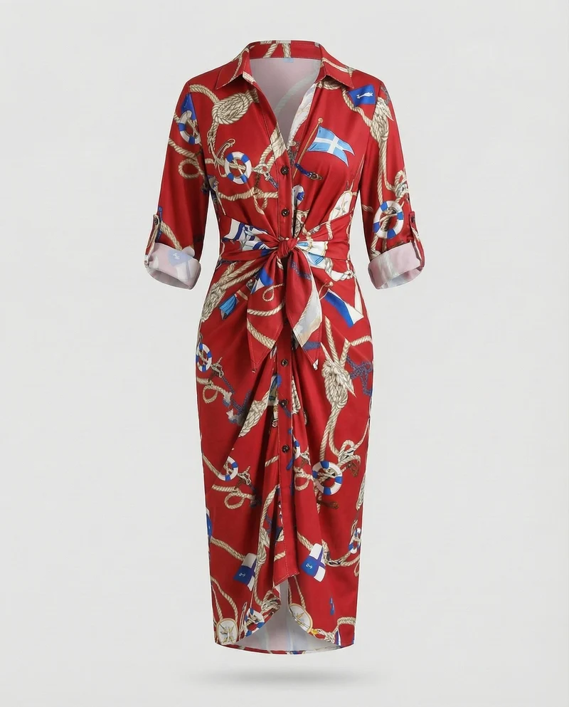 Damen gestreiftes Hemdblusenkleid mit Dreiviertelärmeln