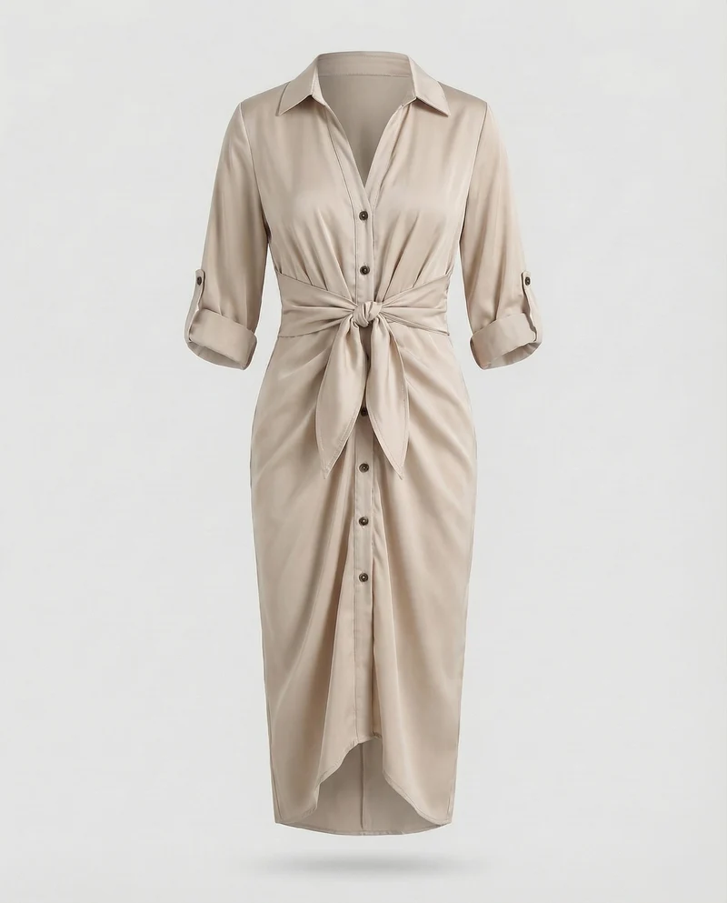 Damen gestreiftes Hemdblusenkleid mit Dreiviertelärmeln