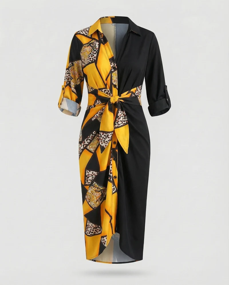Damen gestreiftes Hemdblusenkleid mit Dreiviertelärmeln