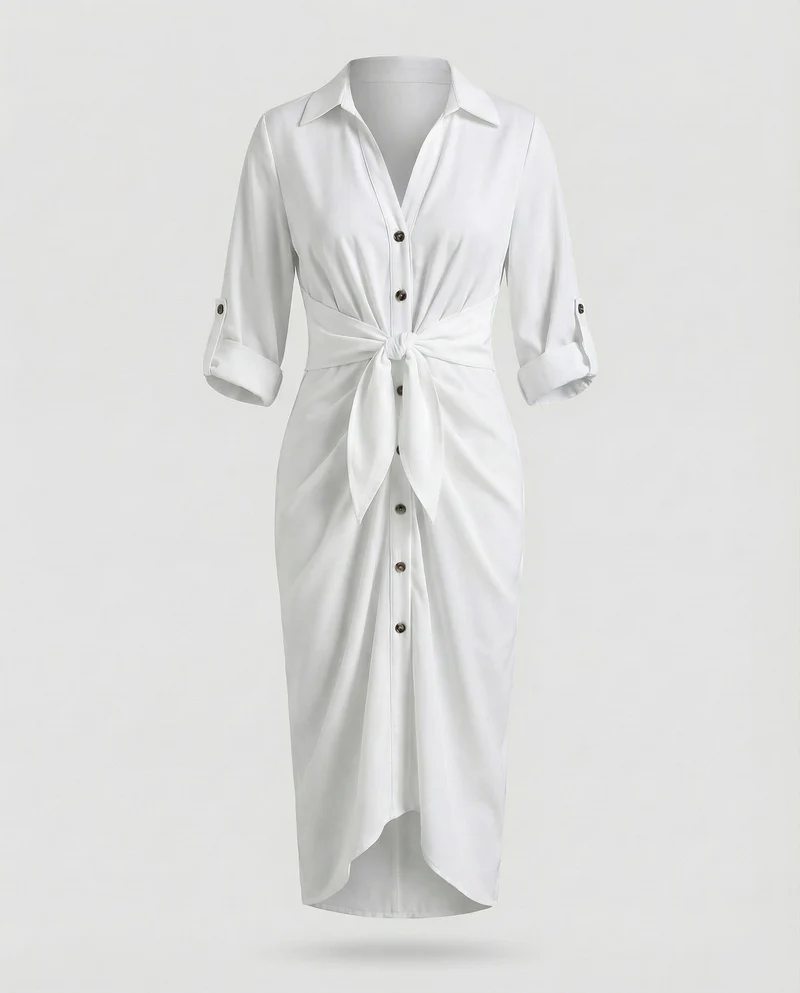 Damen gestreiftes Hemdblusenkleid mit Dreiviertelärmeln